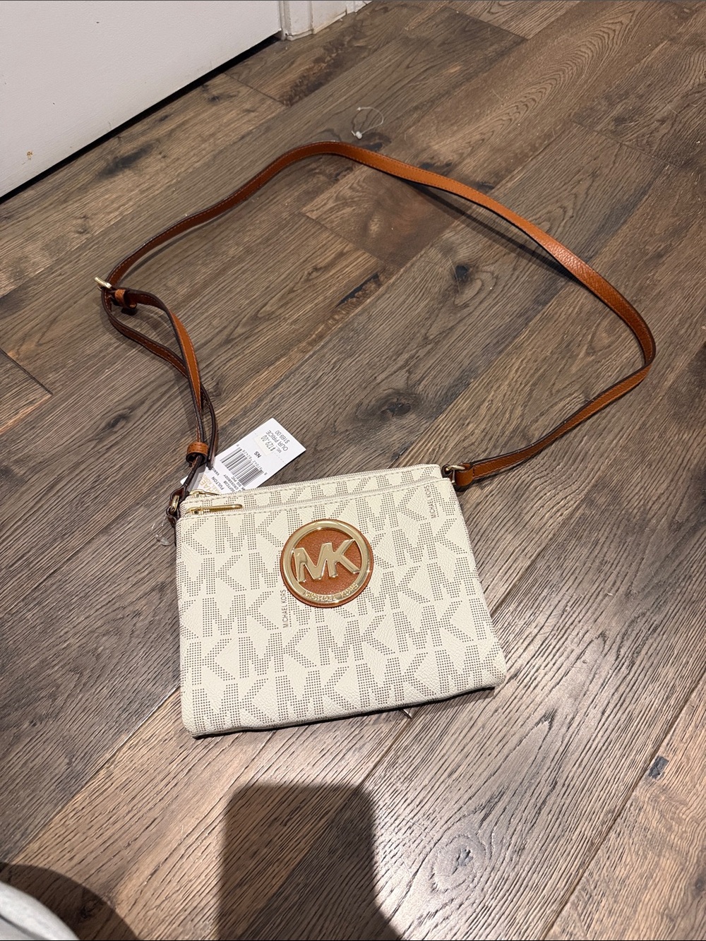 Michael Kors Cream Logo Crossbody Bag with Tan Strap